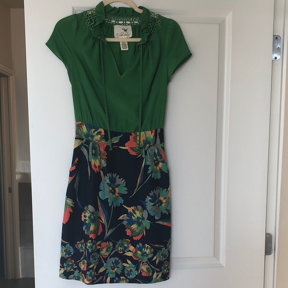 Anthropologie Green and Navy Floral Mini Dress